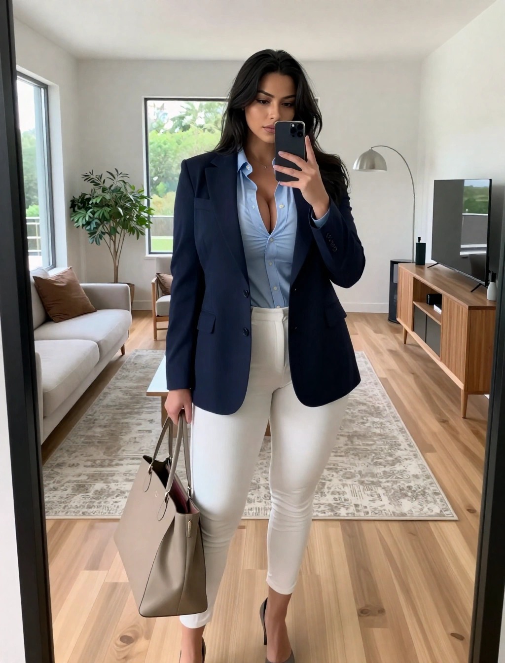 Donna che scatta un selfie allo specchio con blazer blu, camicia azzurra e pantaloni bianchi aderenti, esempio di look da ufficio elegante con camicia sotto la giacca