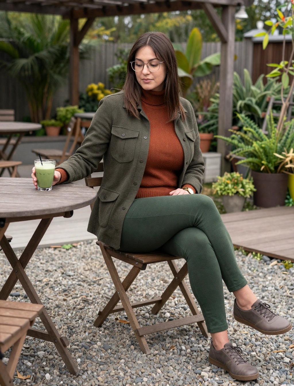 Look casual donna ispirato alla montagna ad aprile con giacca verde oliva, maglia color ruggine, leggings verde scuro e scarpe comode.