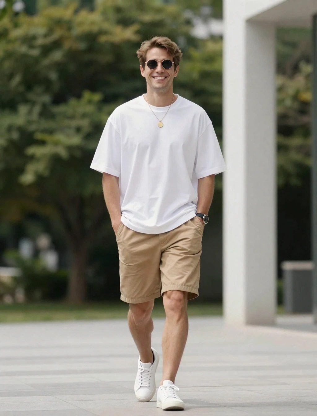 uomo con t-shirt e pantaloncini ideale per temperature sopra i 30 gradi in estate