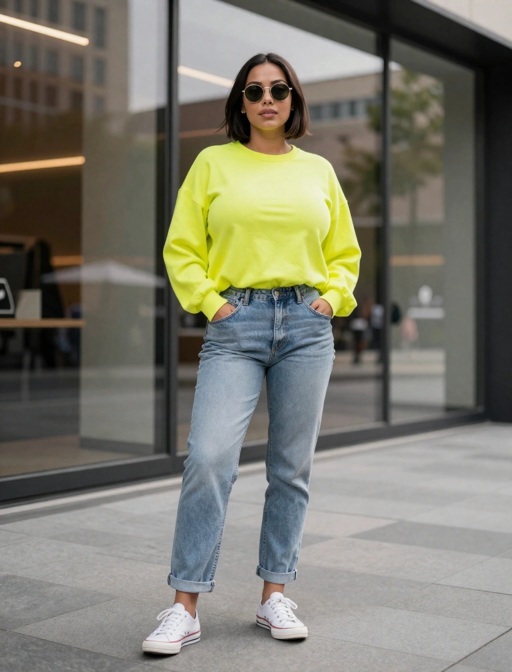 Donna con felpa giallo fluo e jeans chiari, esempio di outfit casual con colori fluo