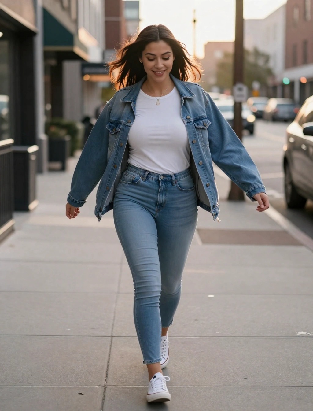 Donna che cammina in città con giacca di jeans oversize, t-shirt bianca e jeans skinny chiari, esempio di outfit casual con maglietta sotto la giacca di jeans
