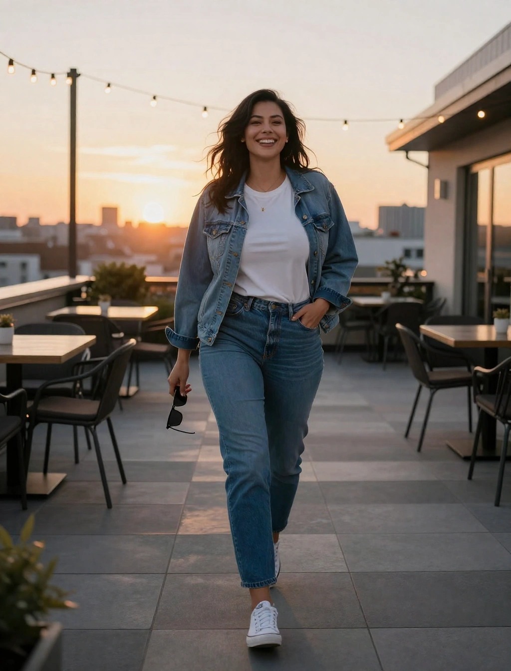 Donna sorridente con giacca di jeans, t-shirt bianca e jeans in terrazza al tramonto, outfit semplice con maglietta sotto la giacca di jeans