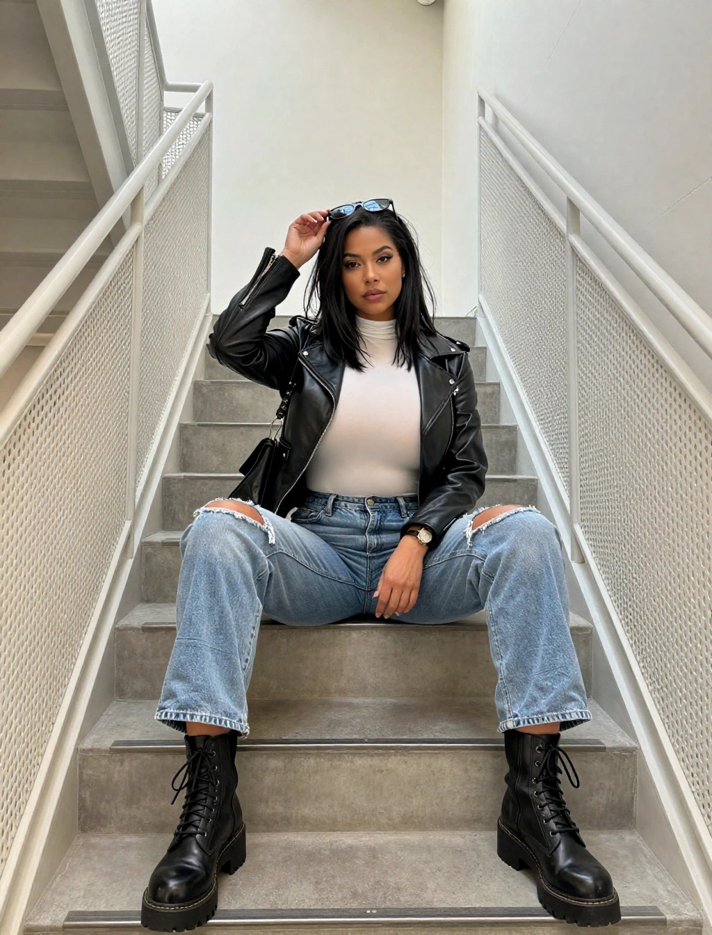 Donna seduta su una scala con giacca di pelle nera, dolcevita bianco e jeans strappati larghi abbinati a anfibi neri, look grintoso con maglia a collo alto sotto la giacca di pelle