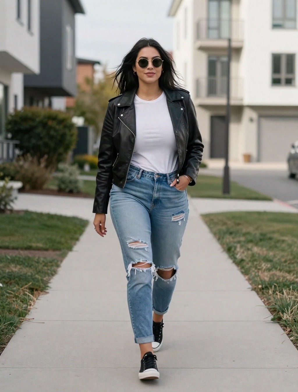 Donna con giacca di pelle nera, t-shirt bianca e jeans strappati che cammina sul marciapiede, esempio di look casual con giacca e t-shirt sotto