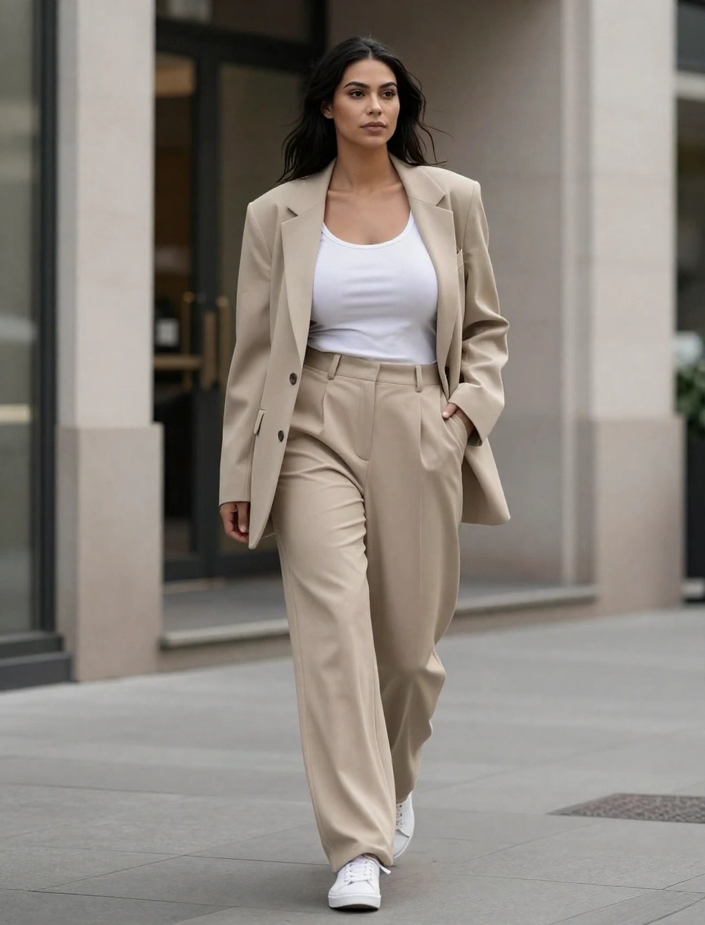 Donna con tailleur beige composto da giacca oversize e pantaloni ampi, indossa una canotta bianca sotto la giacca e sneakers bianche, esempio di look minimal chic per capire cosa mettere sotto una giacca