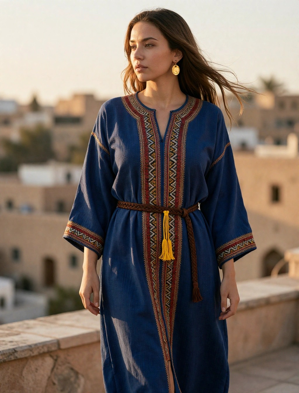 Donna con kaftano etnico marocchino blu e cintura in vita, su terrazza al tramonto con sfondo urbano nordafricano.