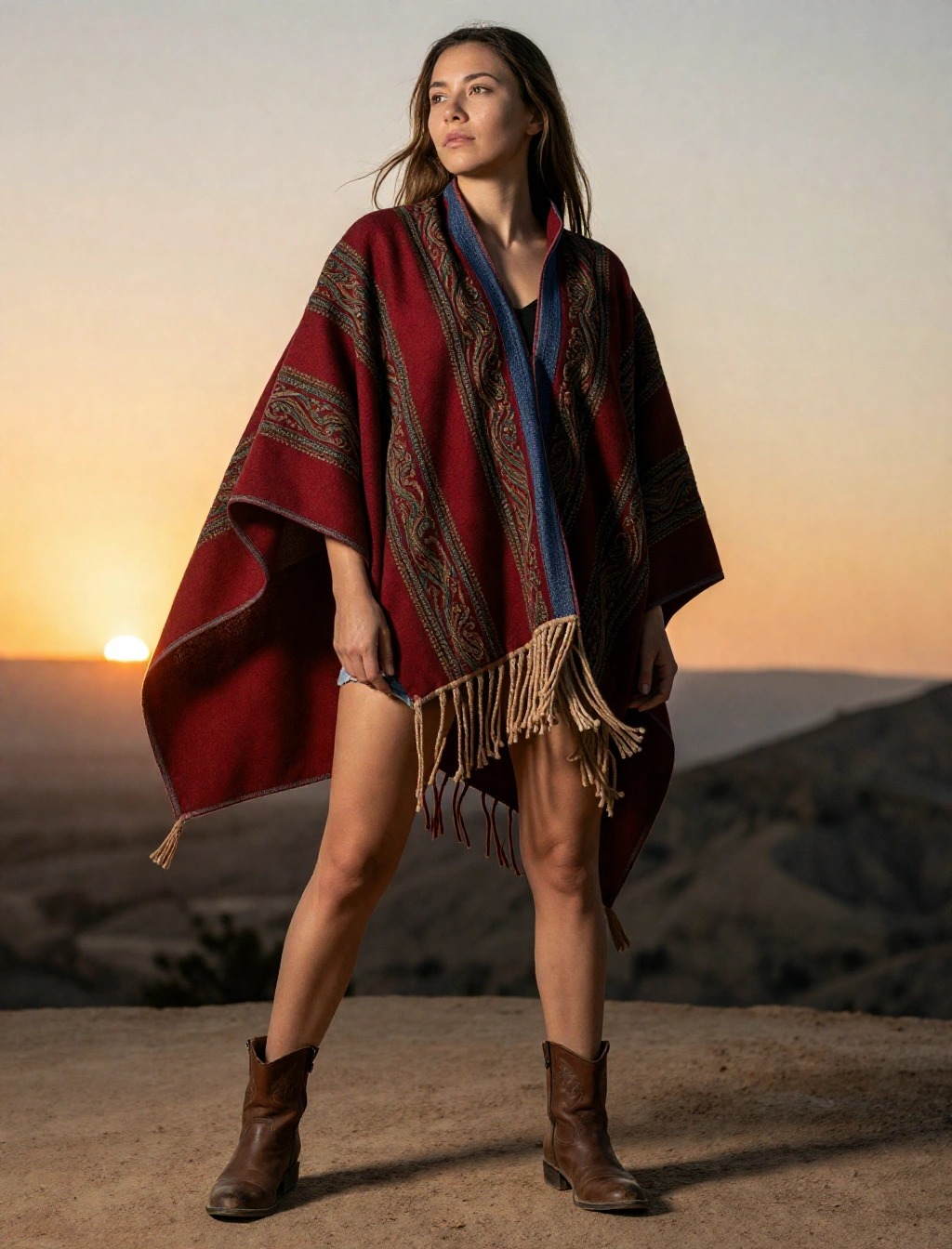 Donna con poncho messicano rosso e stivaletti marroni, in ambientazione desertica al tramonto.