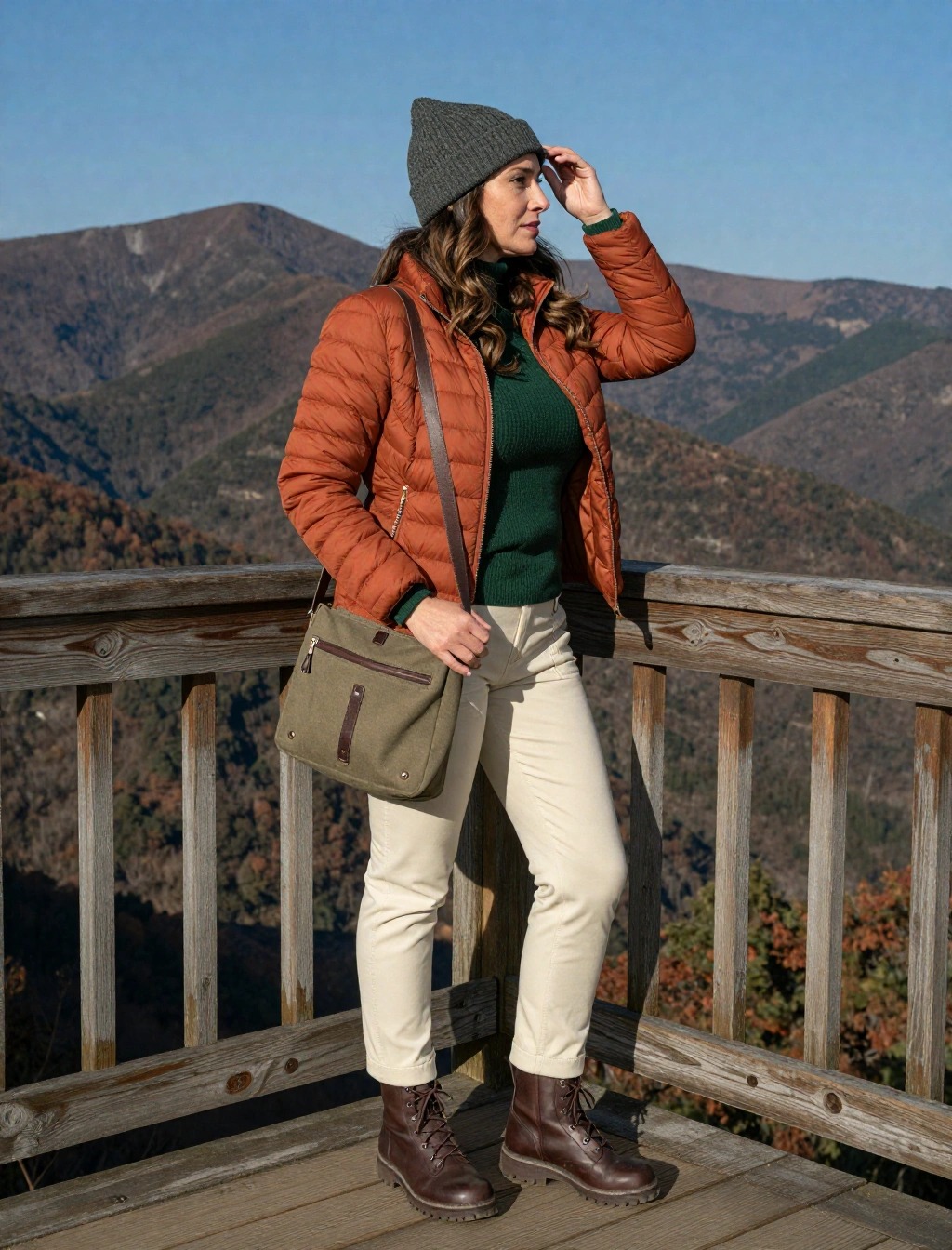 Outfit donna per la montagna ad aprile con piumino leggero arancio, maglione verde, pantaloni chiari e scarponcini marroni.