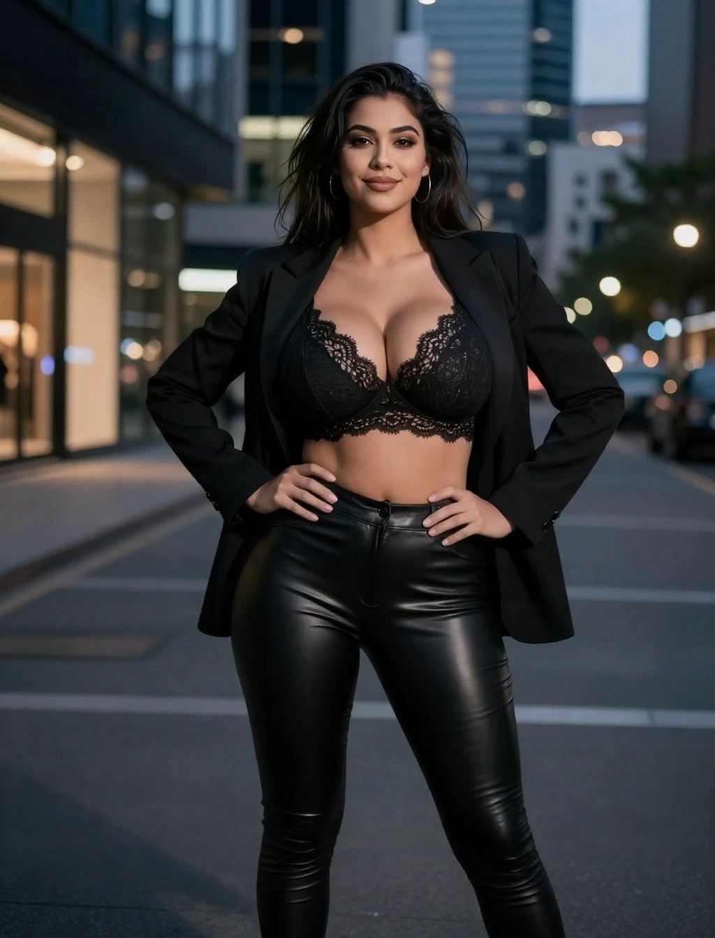 Donna in città al tramonto con blazer nero, bralette in pizzo nero e pantaloni skinny in ecopelle, esempio di look serale audace con bralette sotto la giacca