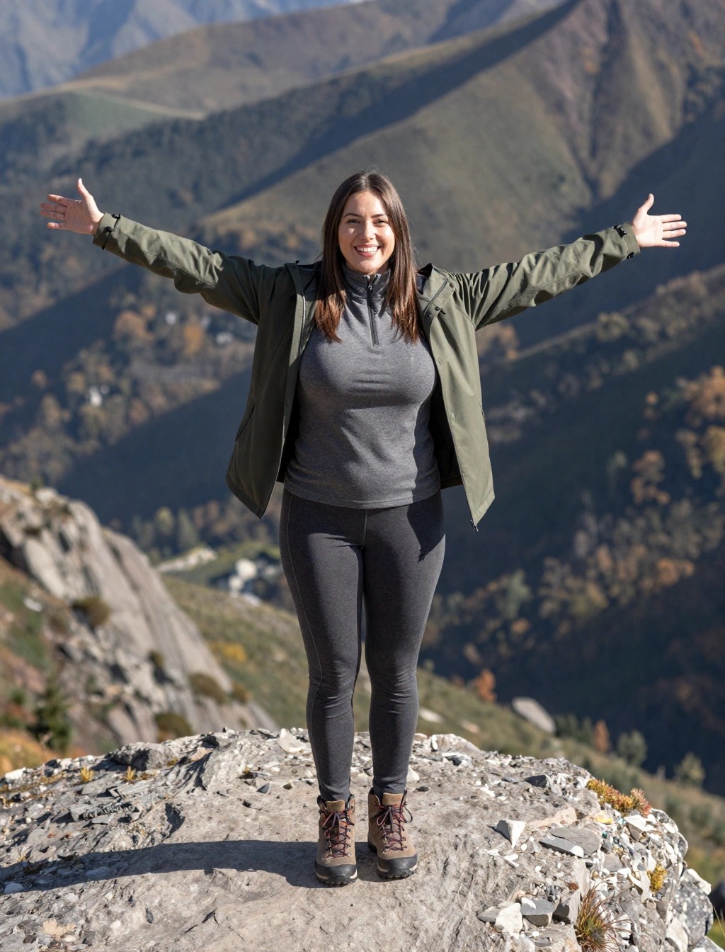 Donna con outfit trekking per la montagna ad aprile indossando giacca tecnica verde, maglia termica grigia, leggings scuri e scarponi da escursione.