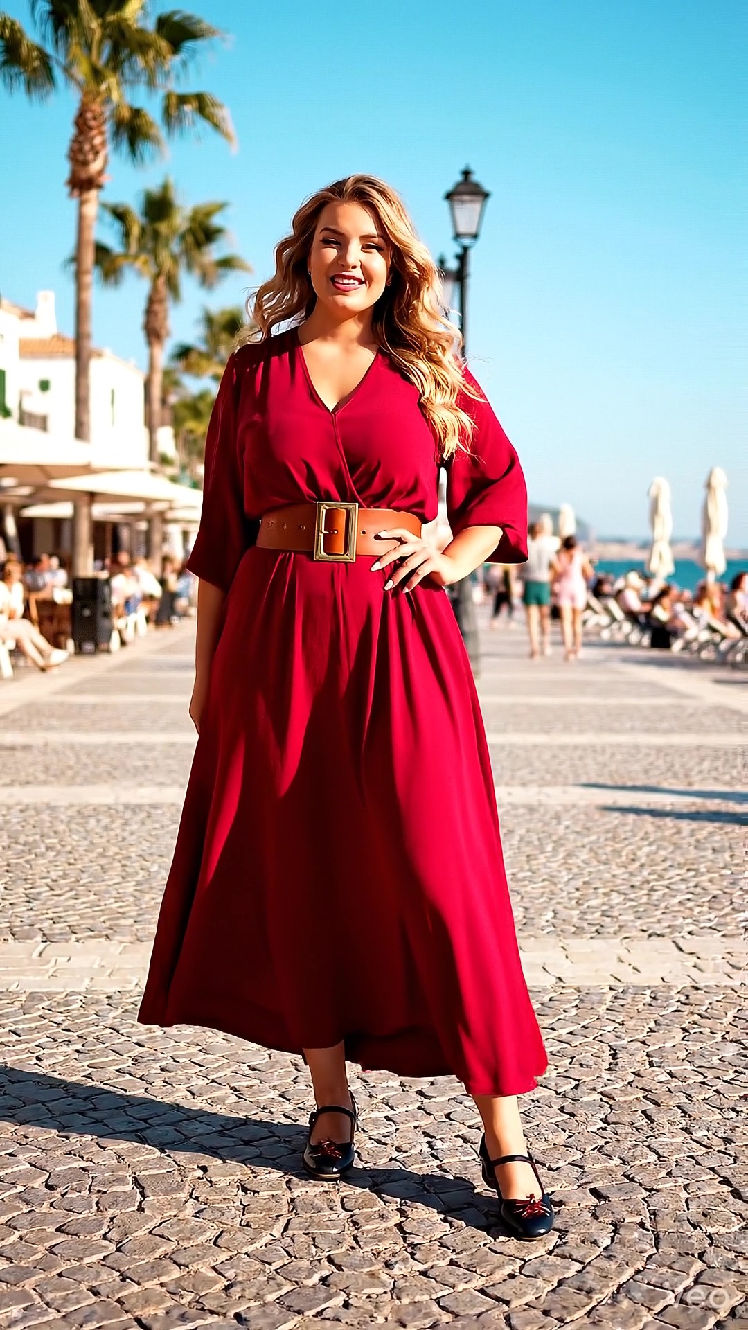 Donna che indossa un abito lungo bordeaux sdrammatizzato da una maxi cintura in cuoio marrone e scarpe Mary Jane basse, perfetto per un look da giorno curato e originale.