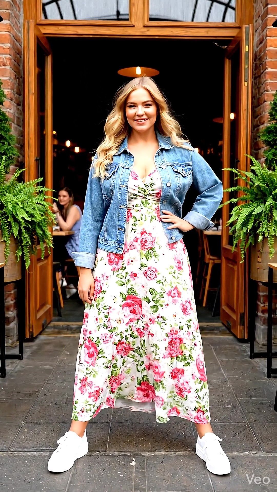 Donna sorridente che indossa un abito lungo floreale abbinato a una giacca di jeans e sneakers bianche, un esempio perfetto per sdrammatizzare un vestito elegante per un look casual urbano.