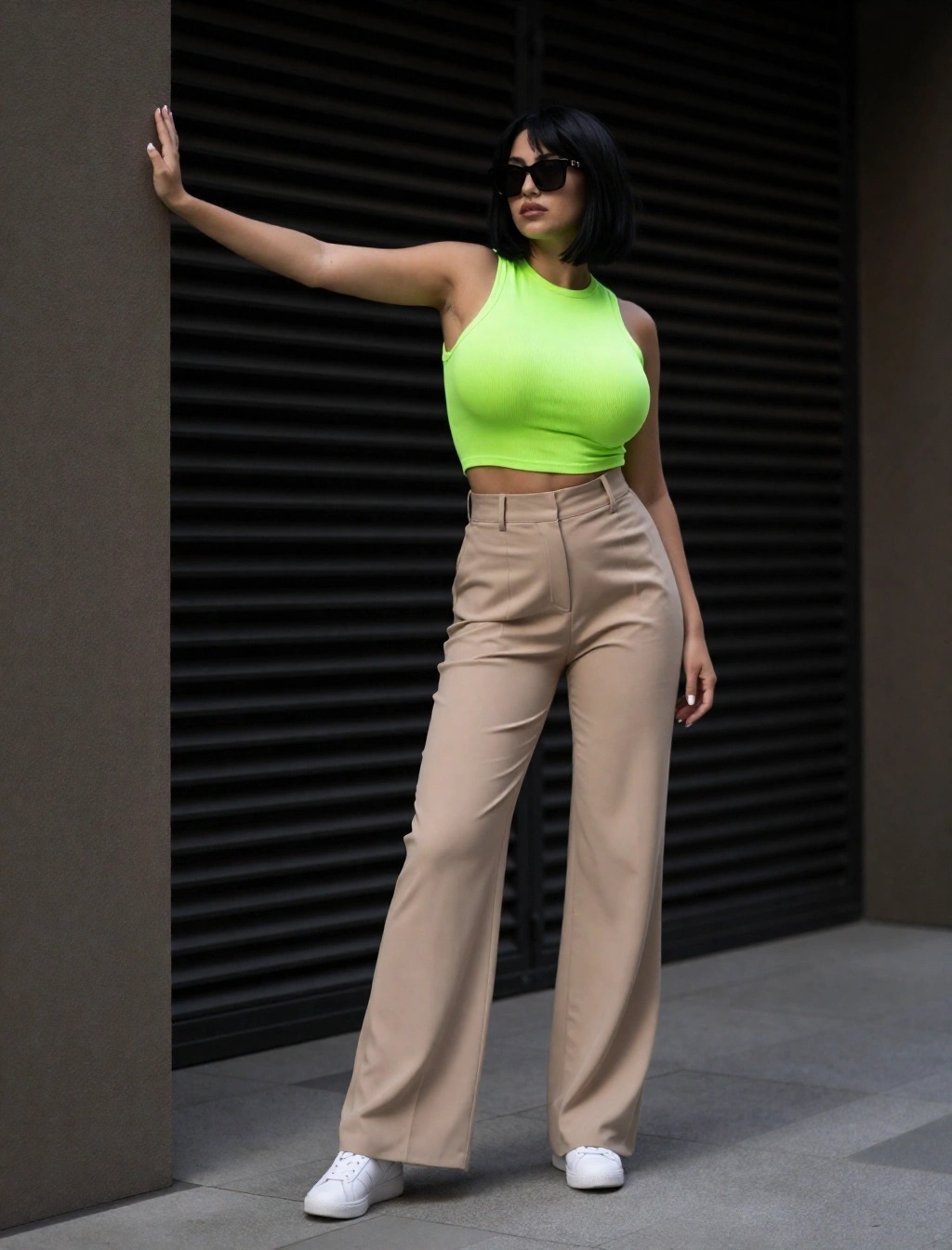Donna con top verde fluo e pantaloni beige a vita alta, esempio di outfit elegante con colori fluo