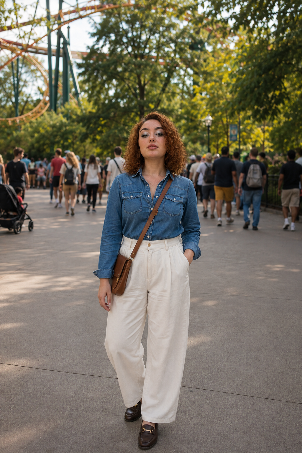 donna che indossa pantaloni palazzo avorio e camicia di jeans