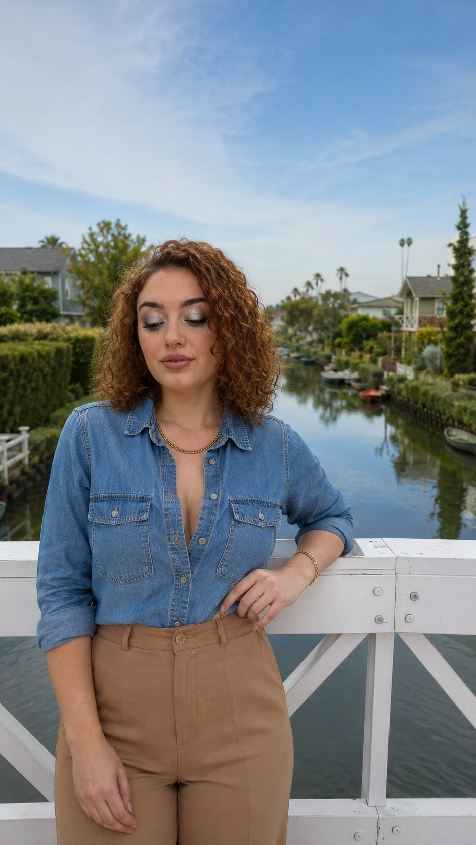 donna che indossa pantaloni beige e camicia di jeans