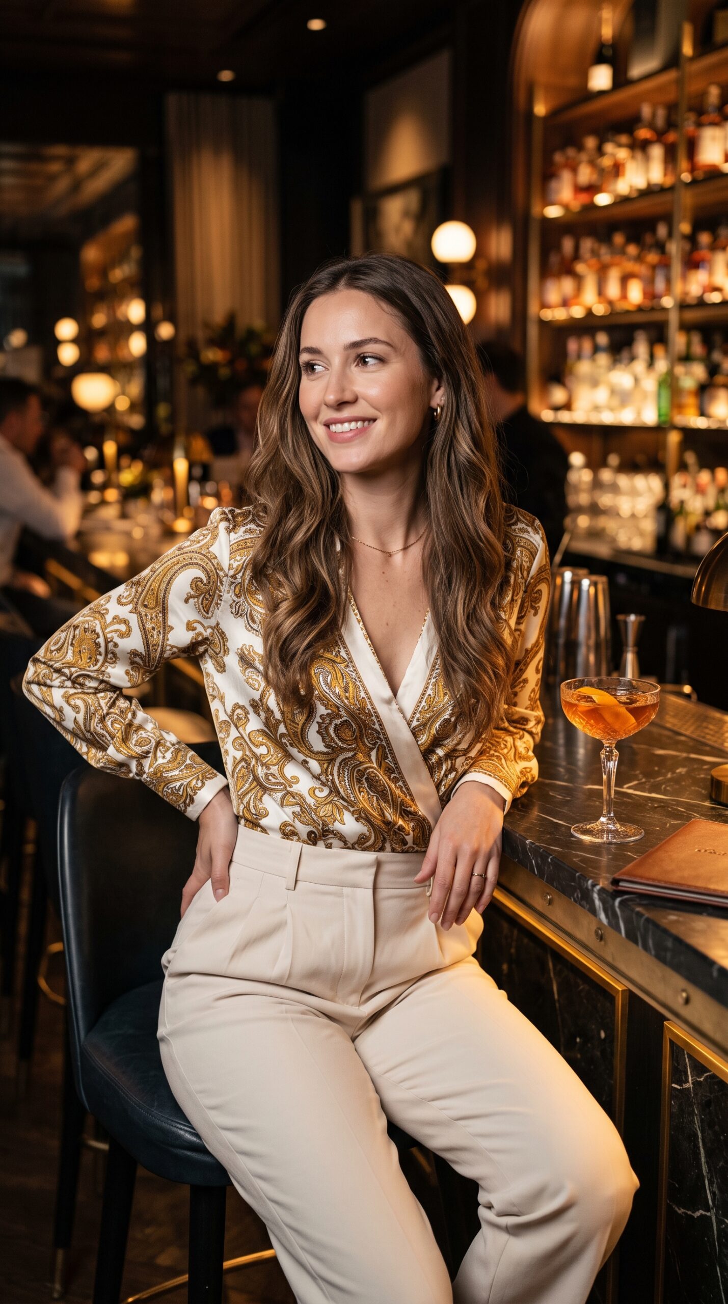 Come abbinare una blusa donna: 14 idee outfit di tendenza 10 Look elegante da cocktail con blusa di seta fantasia paisley oro e crema abbinata a pantaloni beige.