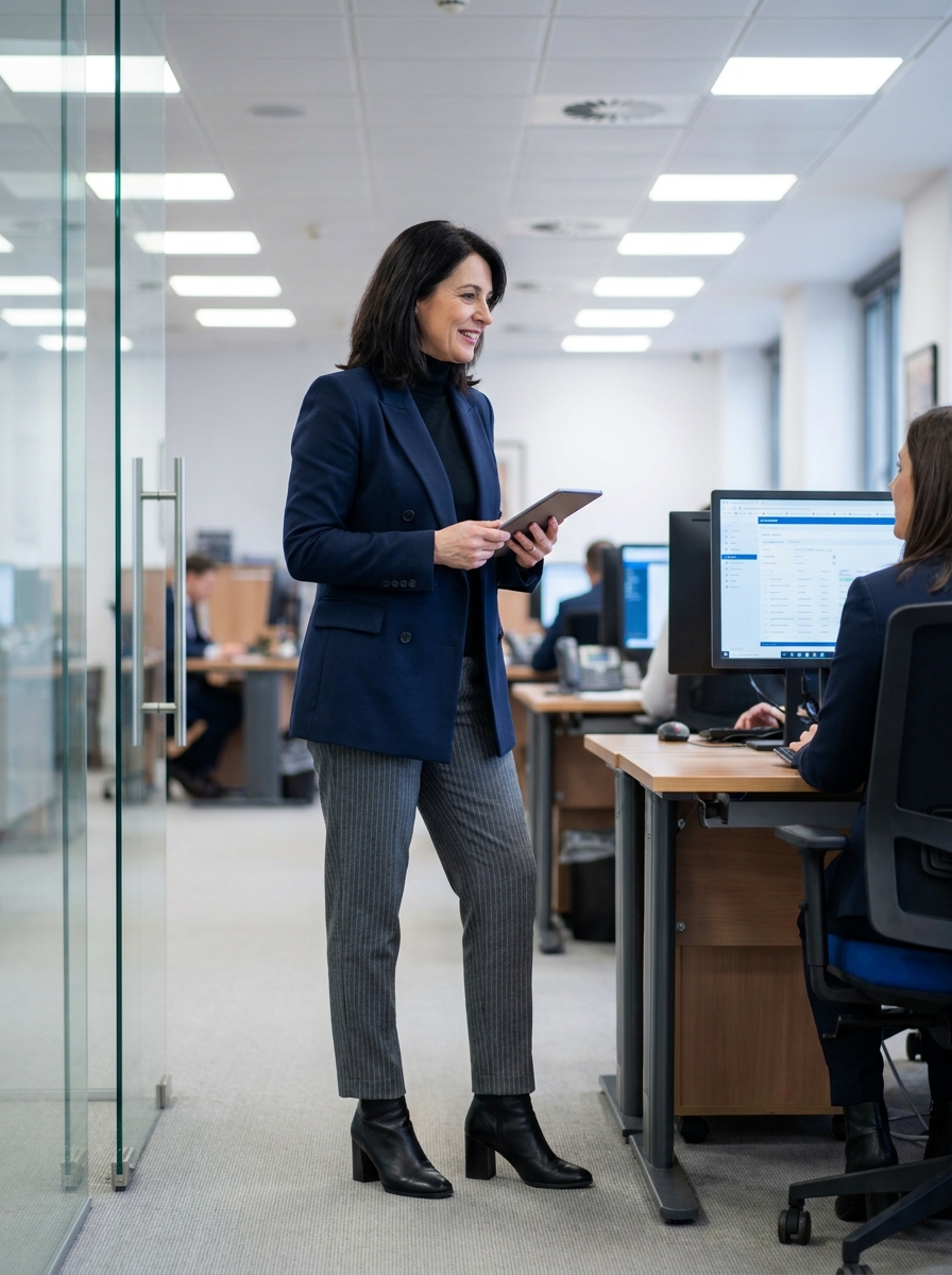 Come Vestirsi in Banca Donna: Guida Completa al Dress Code 7 donna che lavora in banca e indossa Pantalone grigio gessato + dolcevita sottile nero + blazer doppiopetto blu + stivaletto alla caviglia con tacco largo