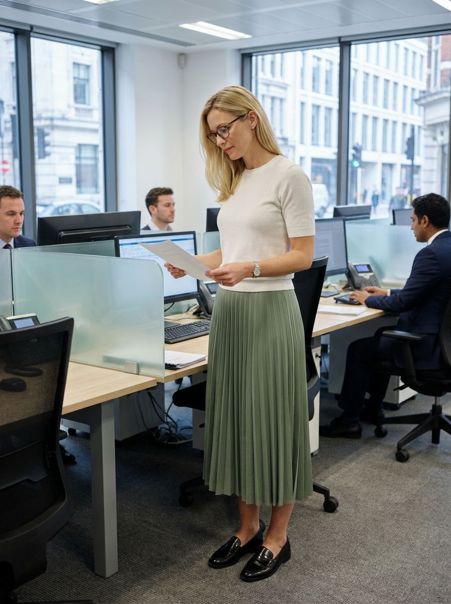 Come Vestirsi in Banca Donna: Guida Completa al Dress Code 6 donna che lavora in banca e indossa Gonna midi plissettata verde salvia + maglia fine a manica corta in maglia rasata bianca + mocassini neri lucidi.