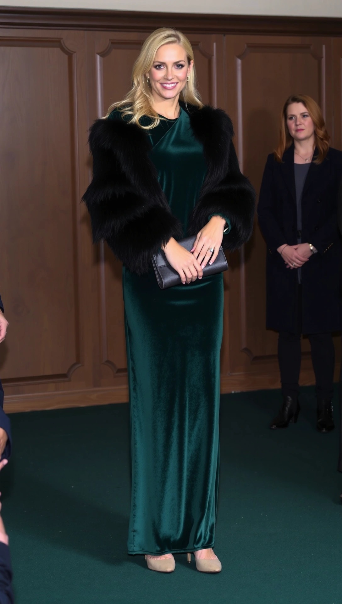 Invitata a un matrimonio invernale indossa un elegante abito lungo in velluto verde con maniche lunghe e una stola nera in pelliccia ecologica.
