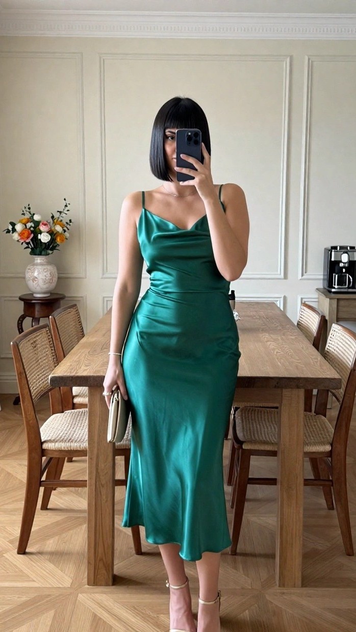 Abito midi in raso verde smeraldo con scollo a V, idea look da sera luminoso
