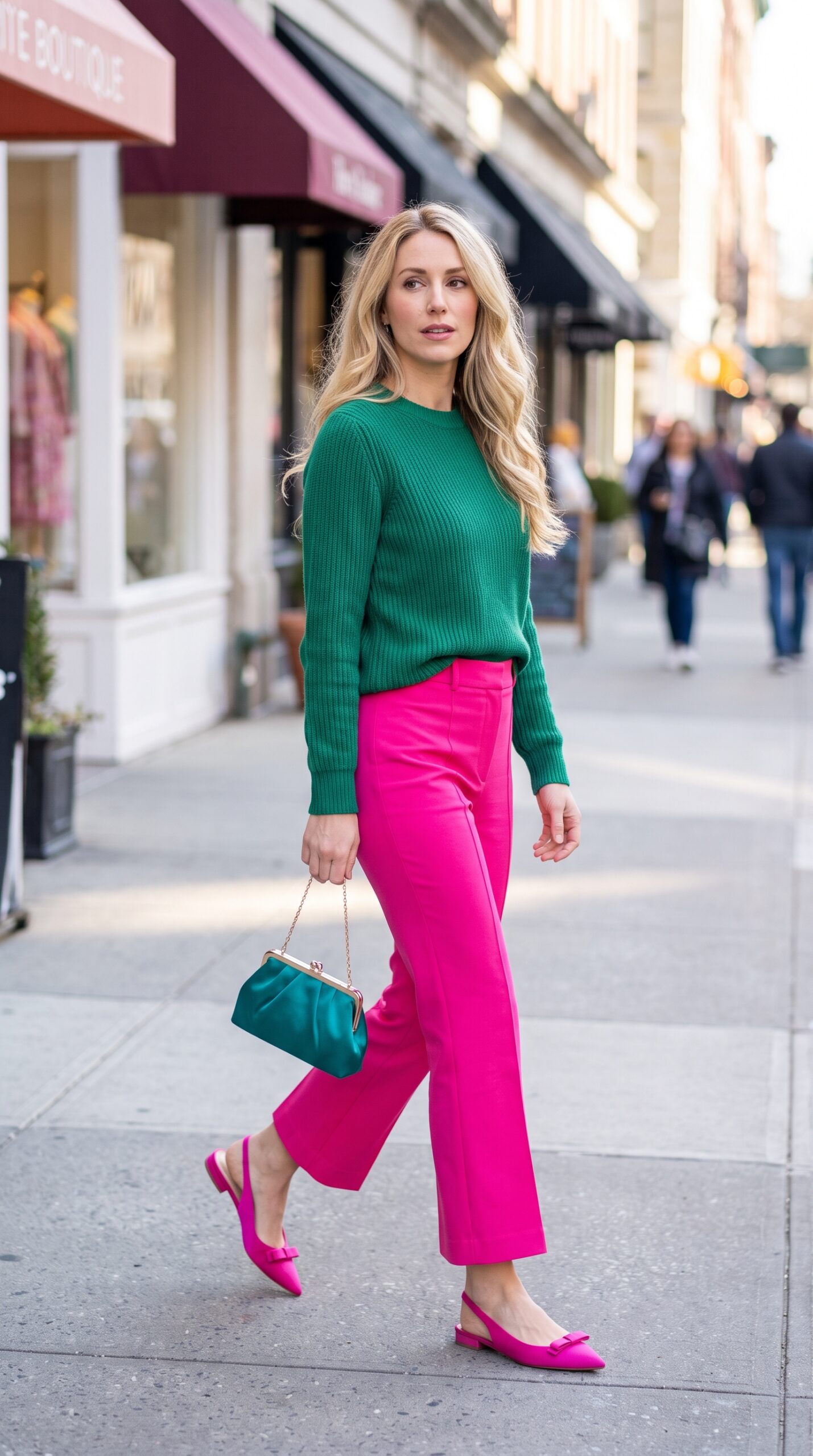 Maglione a coste verde smeraldo con pantaloni dritti fucsia e borsa a mano verde.