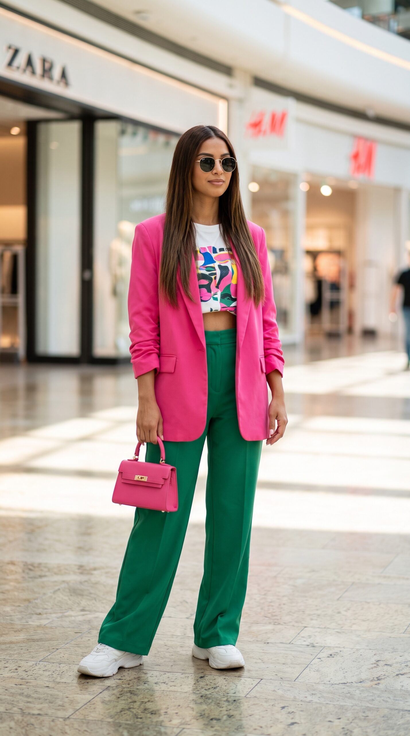Giacca fucsia oversize indossata con t-shirt stampata, pantaloni verdi e sneakers bianche.