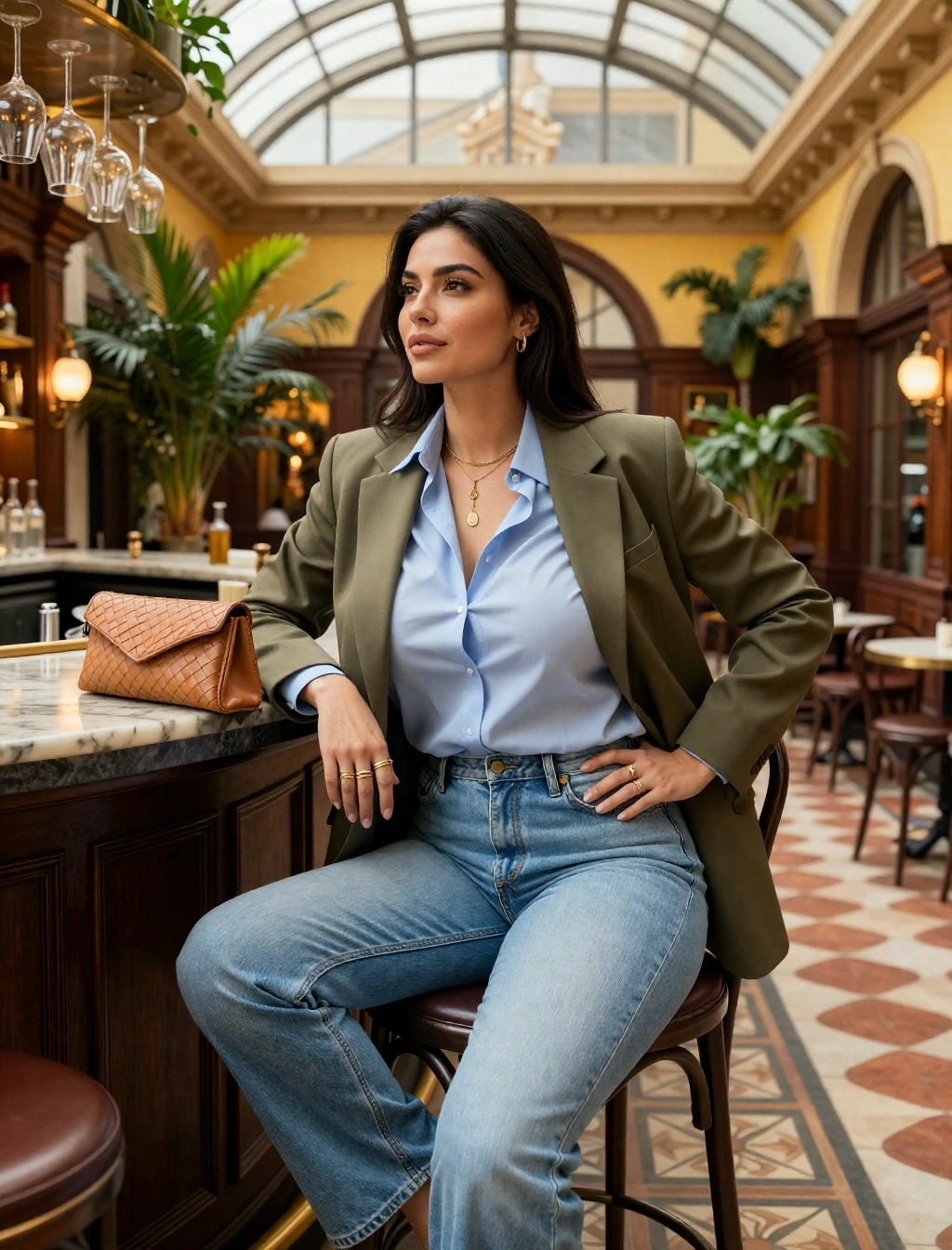 Come abbinare il blazer verde oliva con camicia azzurra e jeans: outfit smart casual donna per ufficio e aperitivo