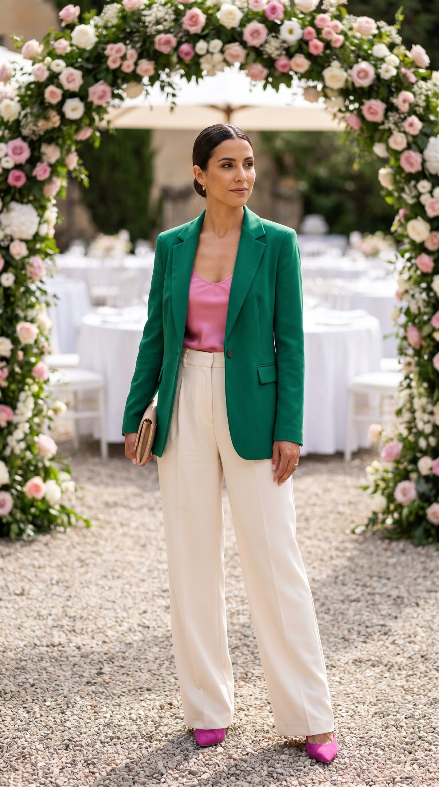 Giacca sartoriale verde smeraldo con canotta in seta rosa e pantaloni a palazzo crema da cerimonia.
