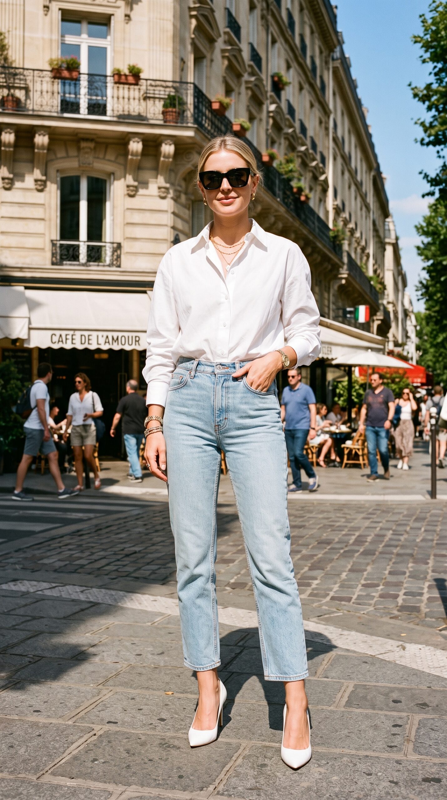 Come abbinare una blusa donna: 14 idee outfit di tendenza 5 Outfit casual chic con camicetta bianca classica rimboccata dentro jeans chiari dal taglio dritto e tacchi bianchi.