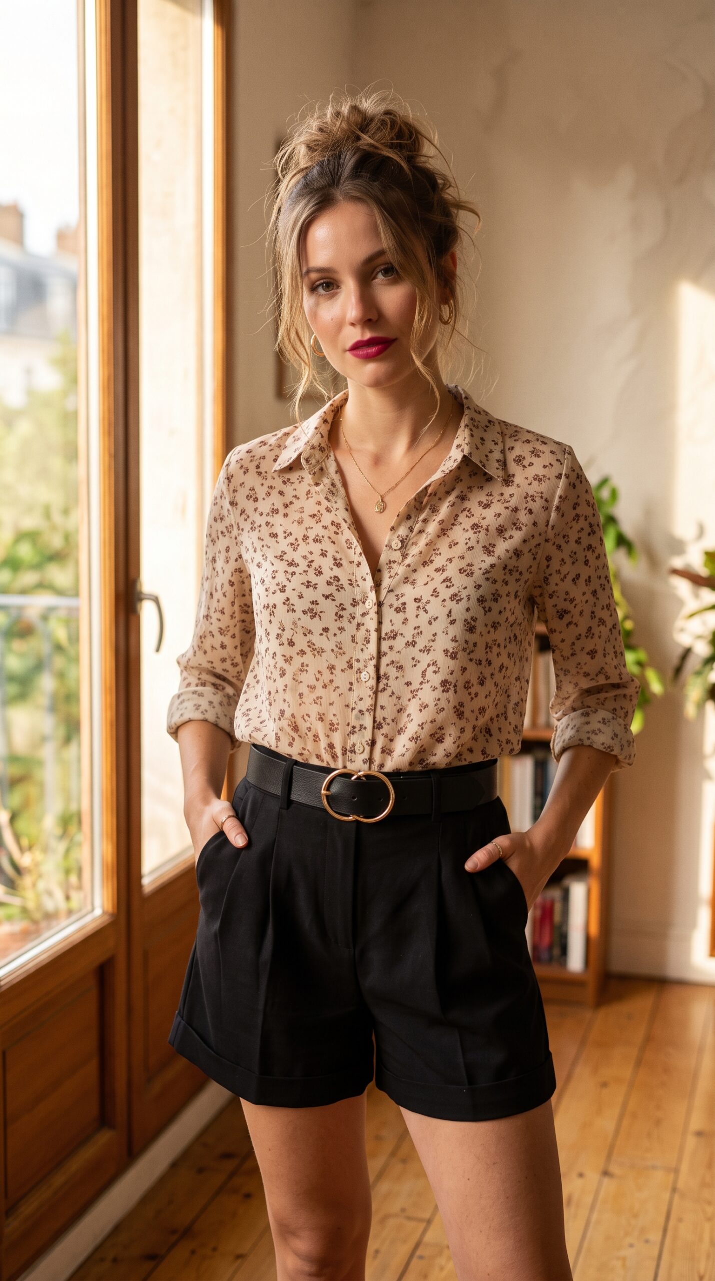 Come abbinare una blusa donna: 14 idee outfit di tendenza 13 Outfit chic con blusa neutra a stampa floreale abbinata a shorts neri sartoriali a vita alta e cintura con fibbia dorata.