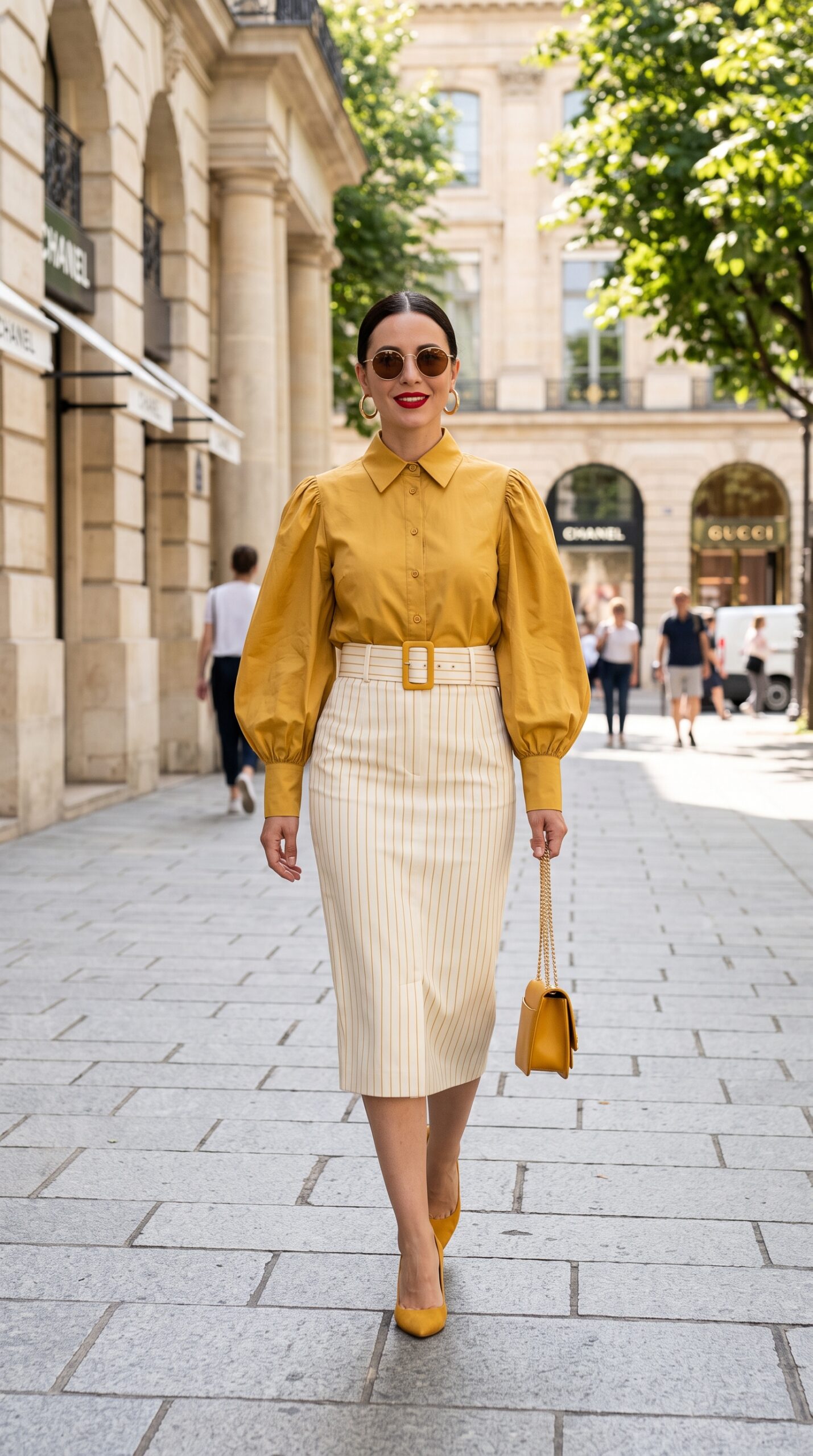 Come abbinare una blusa donna: 14 idee outfit di tendenza 9 Outfit in stile retrò con blusa senape e gonna tubino midi chiara con righe verticali e cintura in vita.