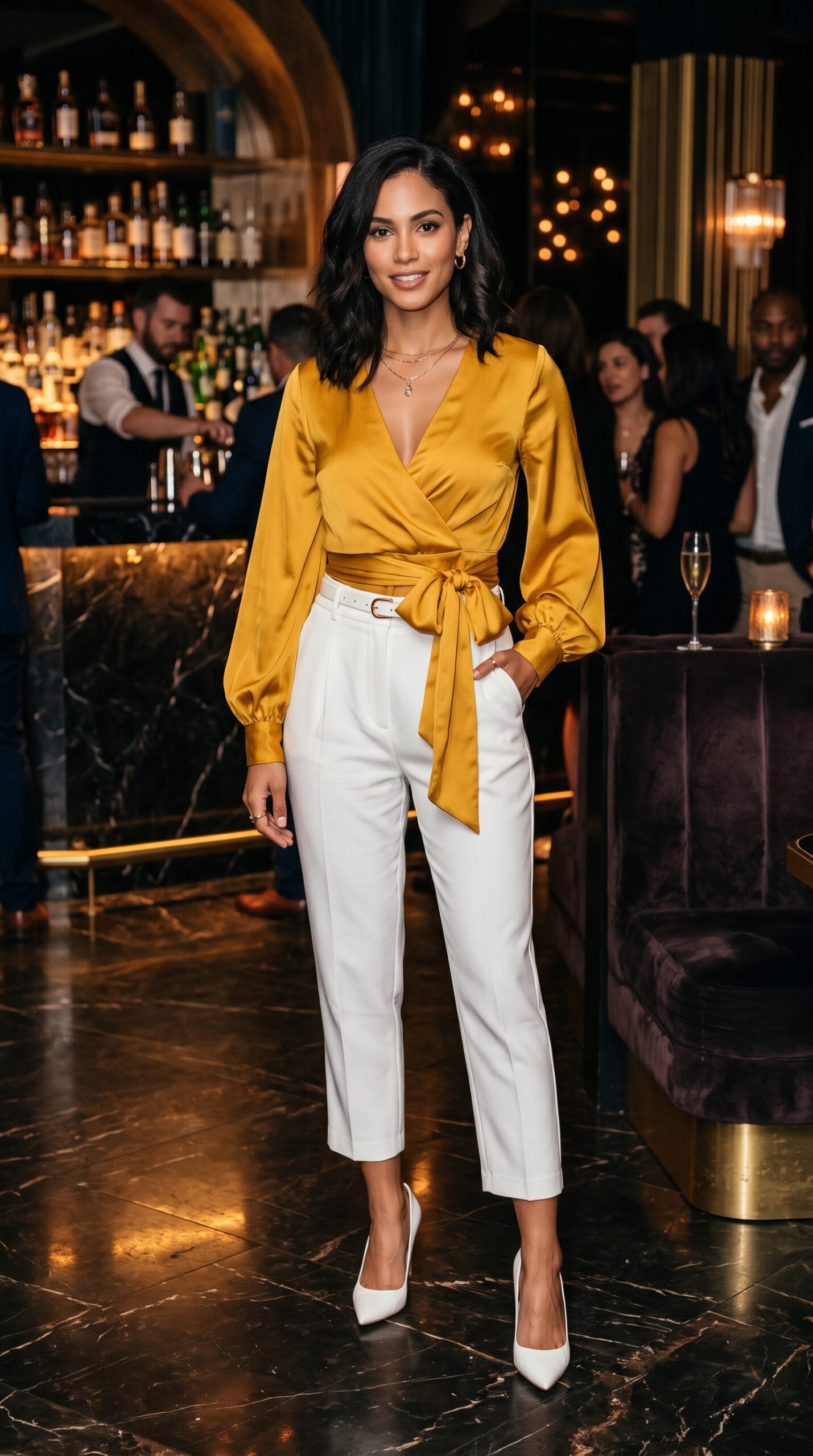 Come abbinare una blusa donna: 14 idee outfit di tendenza 3 Outfit elegante da sera con blusa a portafoglio senape e pantaloni bianchi a sigaretta e décolleté bianche.