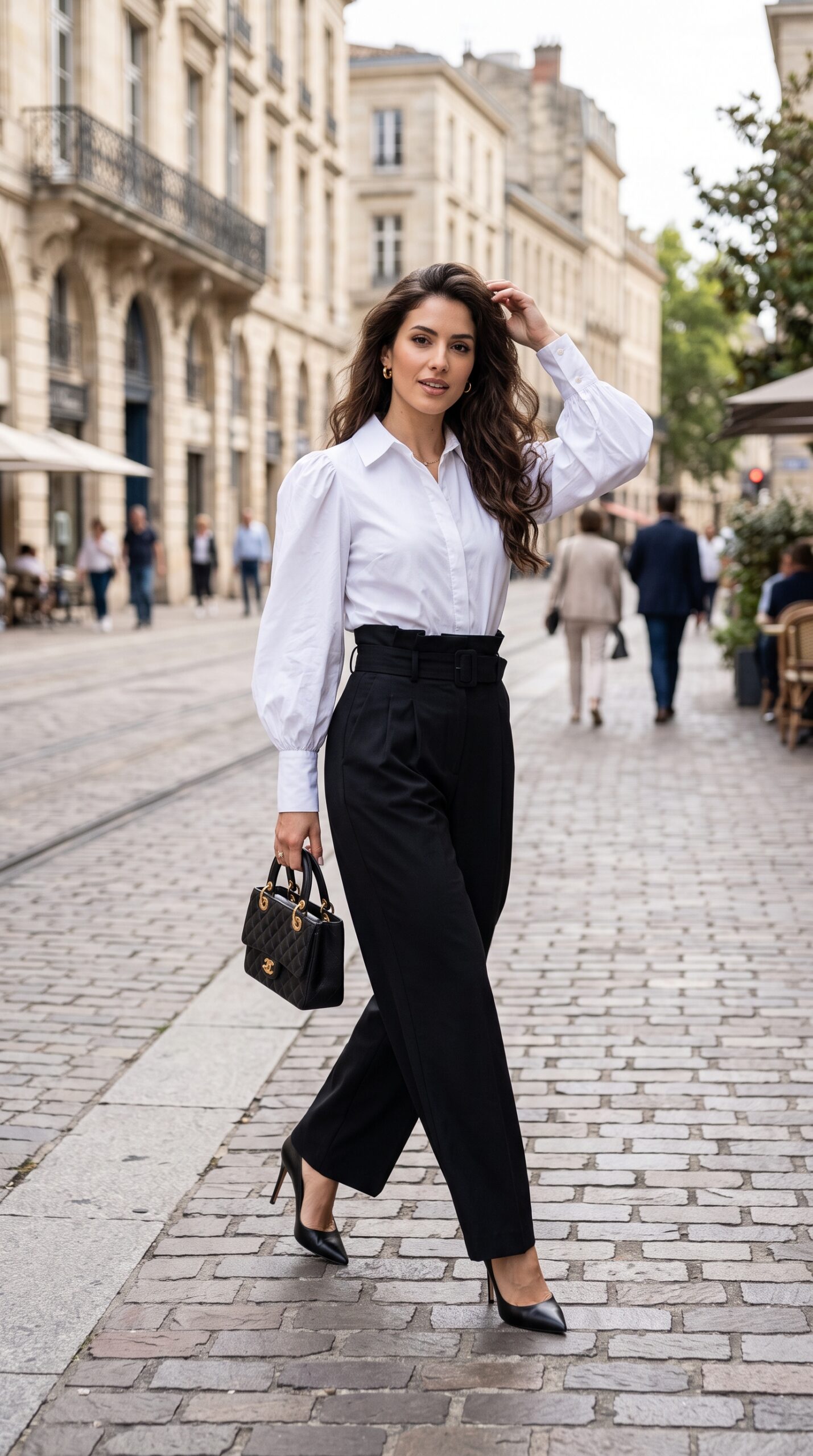 Come abbinare una blusa donna: 14 idee outfit di tendenza 8 Look business elegante con blusa bianca maniche a sbuffo e pantaloni neri larghi a vita alta con cintura.