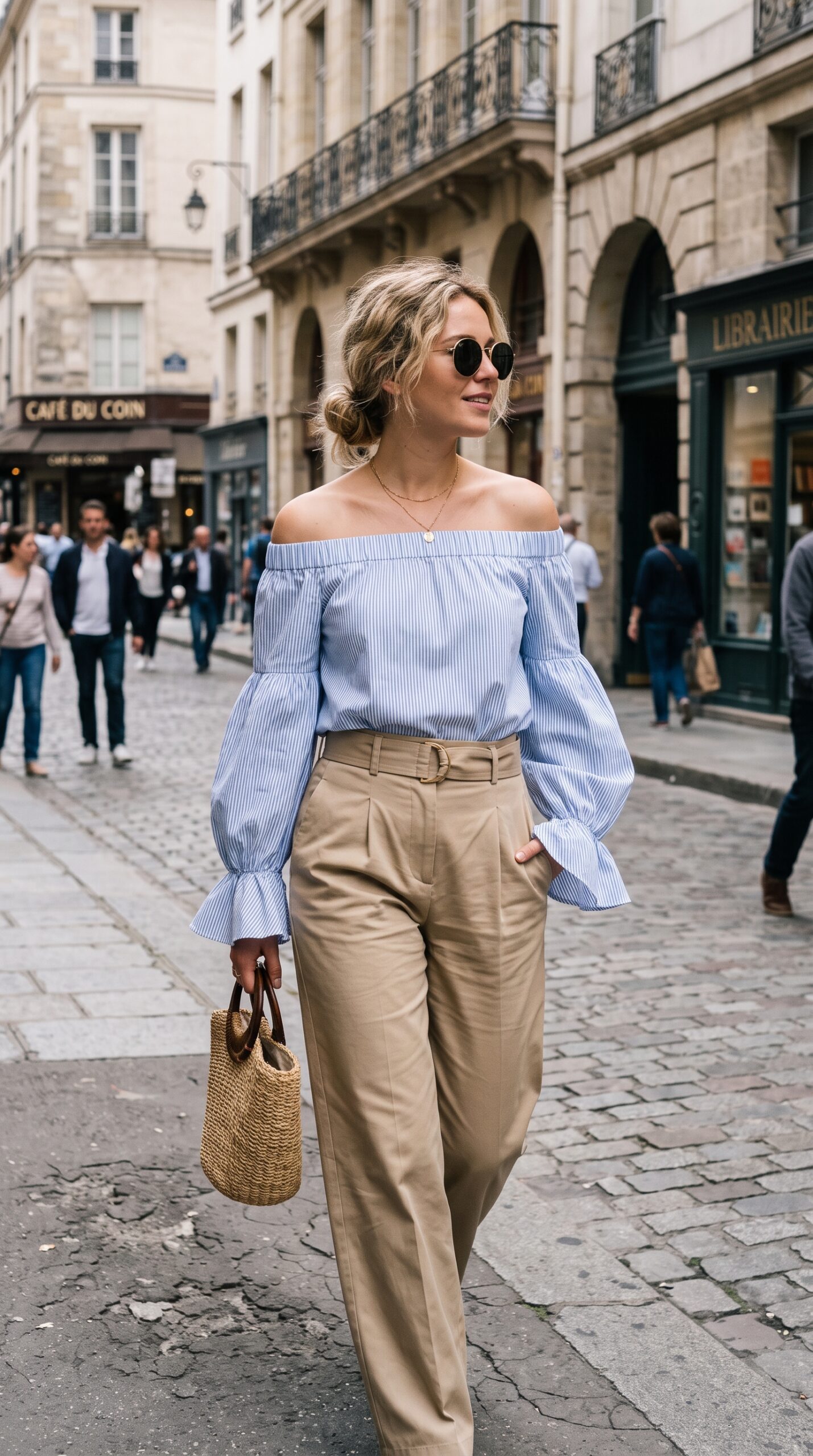 Come abbinare una blusa donna: 14 idee outfit di tendenza 11 Donna indossa una blusa a righe azzurre e bianche con spalle scoperte abbinata a pantaloni beige a vita alta e borsa in paglia.