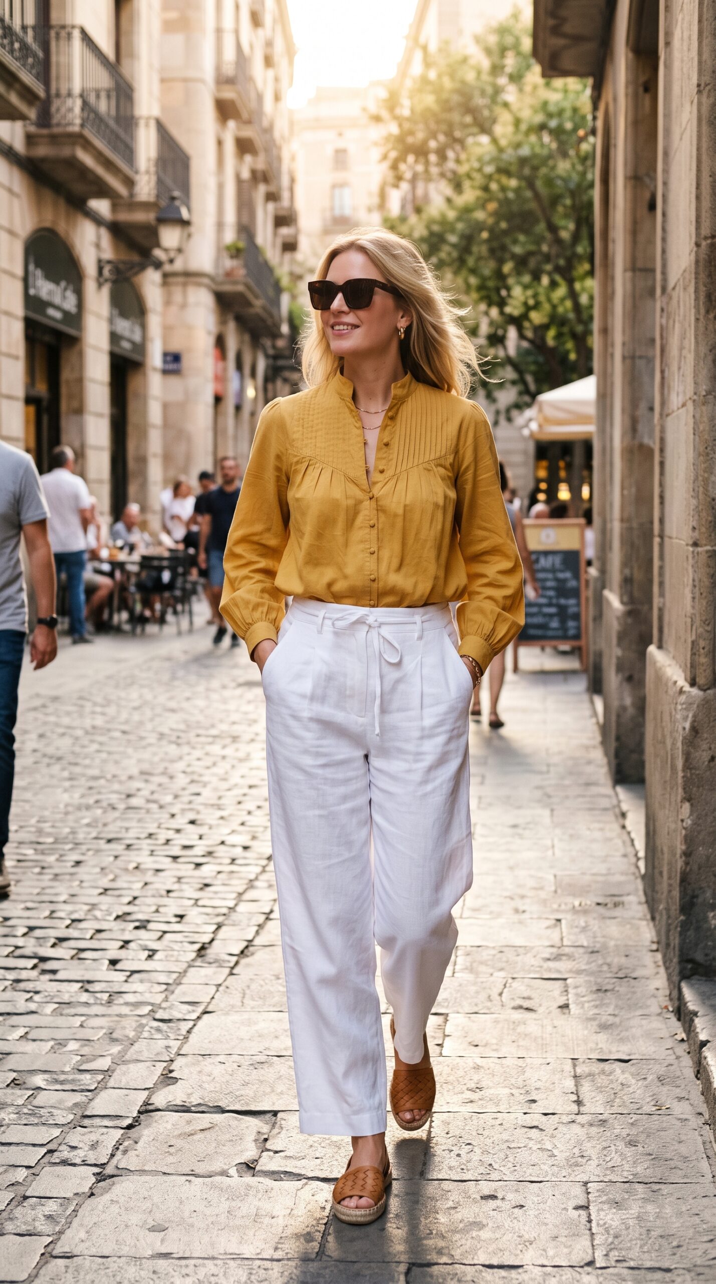 Come abbinare una blusa donna: 14 idee outfit di tendenza 12 Outfit estivo con blusa color senape a maniche lunghe infilata in pantaloni morbidi bianchi di lino e sandali intrecciati.
