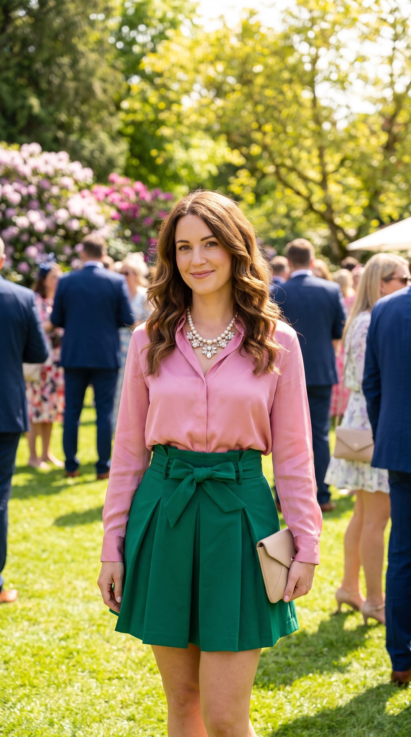 Camicia in seta rosa antico e gonna a ruota verde smeraldo con fiocco in vita.