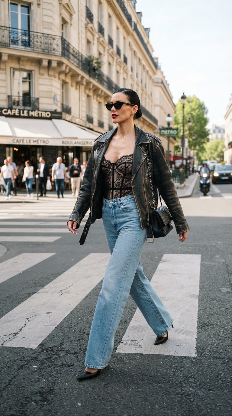 Come abbinare un body in pizzo 2 Donna che attraversa la strada con giacca in pelle nera stile chiodo, body in pizzo nero, jeans a gamba dritta e décolleté a punta.
