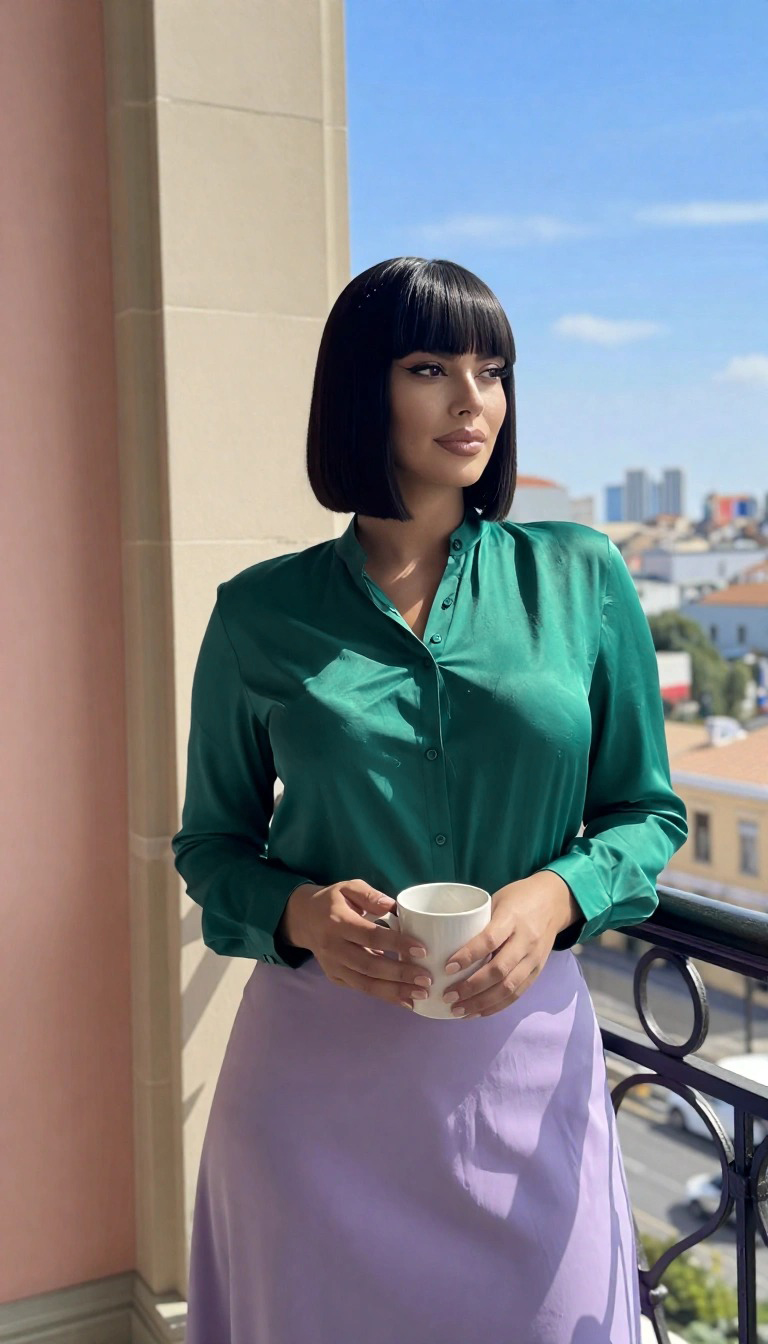 Camicia in raso verde smeraldo abbinata a gonna lilla lavanda, idea outfit con colori pastello