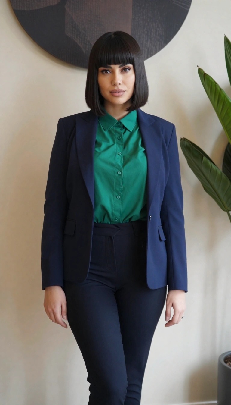 Camicia verde smeraldo abbinata a blazer e pantalone blu navy, idea outfit elegante da lavoro