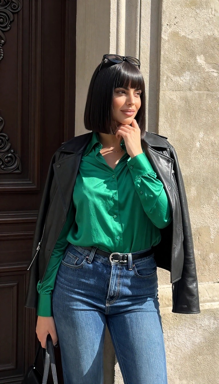 Camicia verde smeraldo con jeans e giacca di pelle nera, come abbinare il verde smeraldo per un look casual