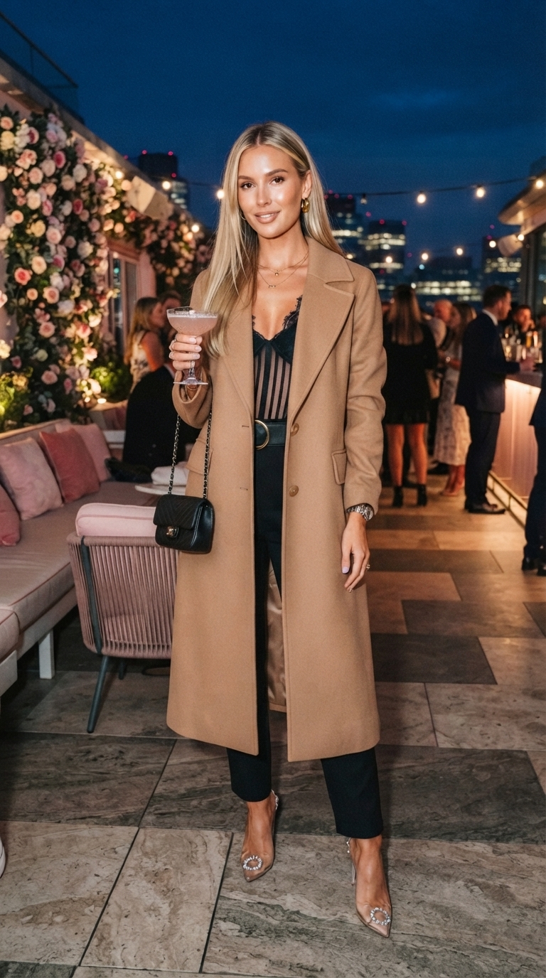 Come abbinare un body in pizzo 10 Elegante look autunnale con lungo cappotto cammello, body nero con trasparenze a righe, pantaloni neri e scarpe trasparenti.