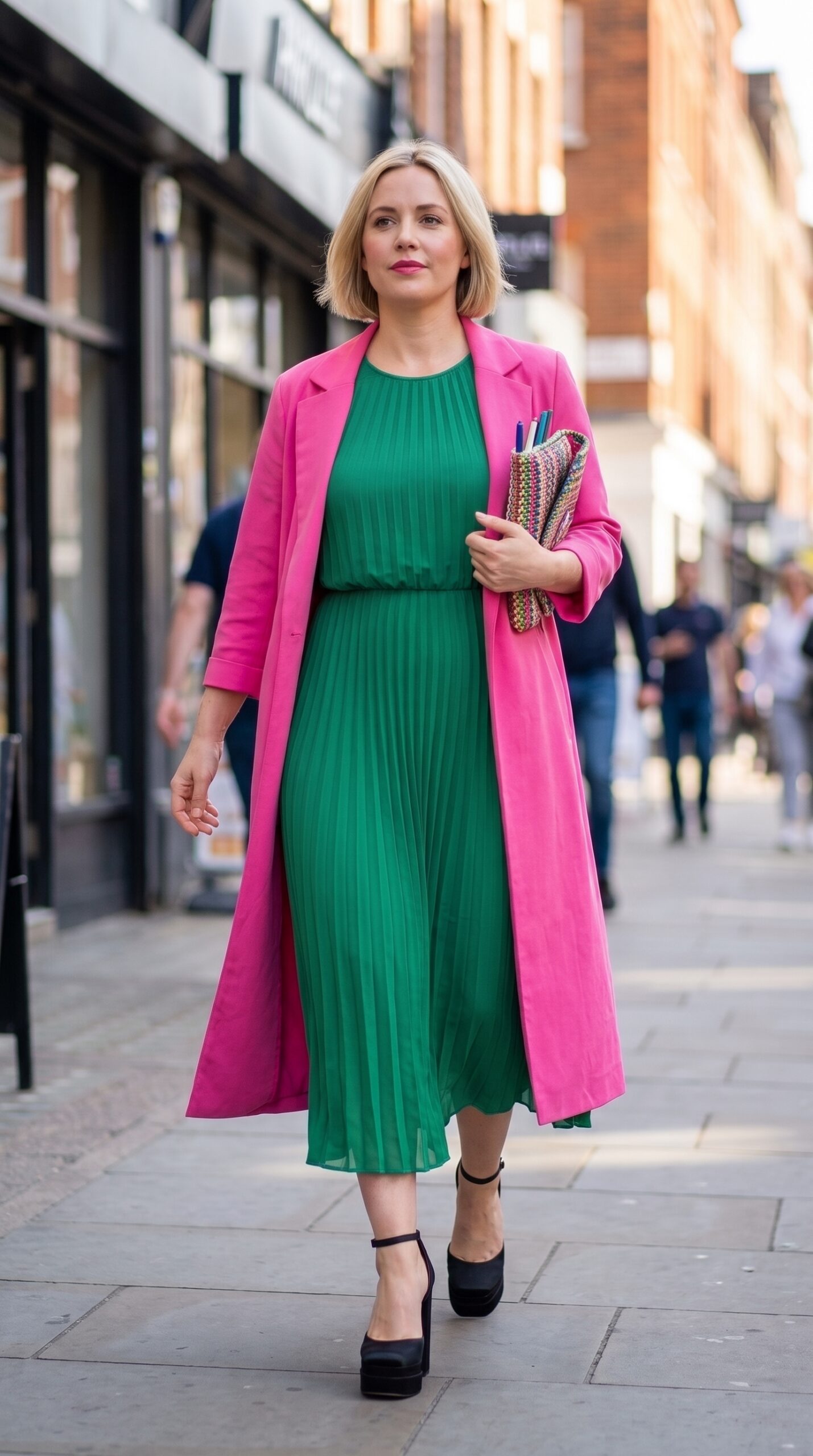 Cappotto lungo fucsia accostato a un vestito longuette plissettato verde intenso.