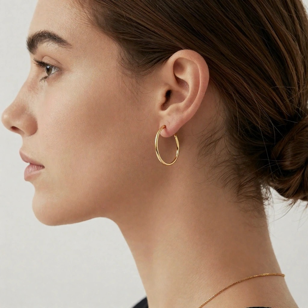 Profilo di donna con cerchi sottili in oro, collana minimal e capelli raccolti in chignon basso: gioielli discreti e linee pulite che completano un look più adulto ed elegante.
