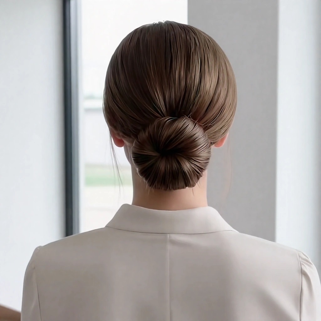 Donna vista da dietro con capelli raccolti in uno chignon basso lucido e ordinato, indossa una camicia bianca con colletto: un'acconciatura pulita che tira su il viso e aiuta a sembrare più grande in modo elegante.
