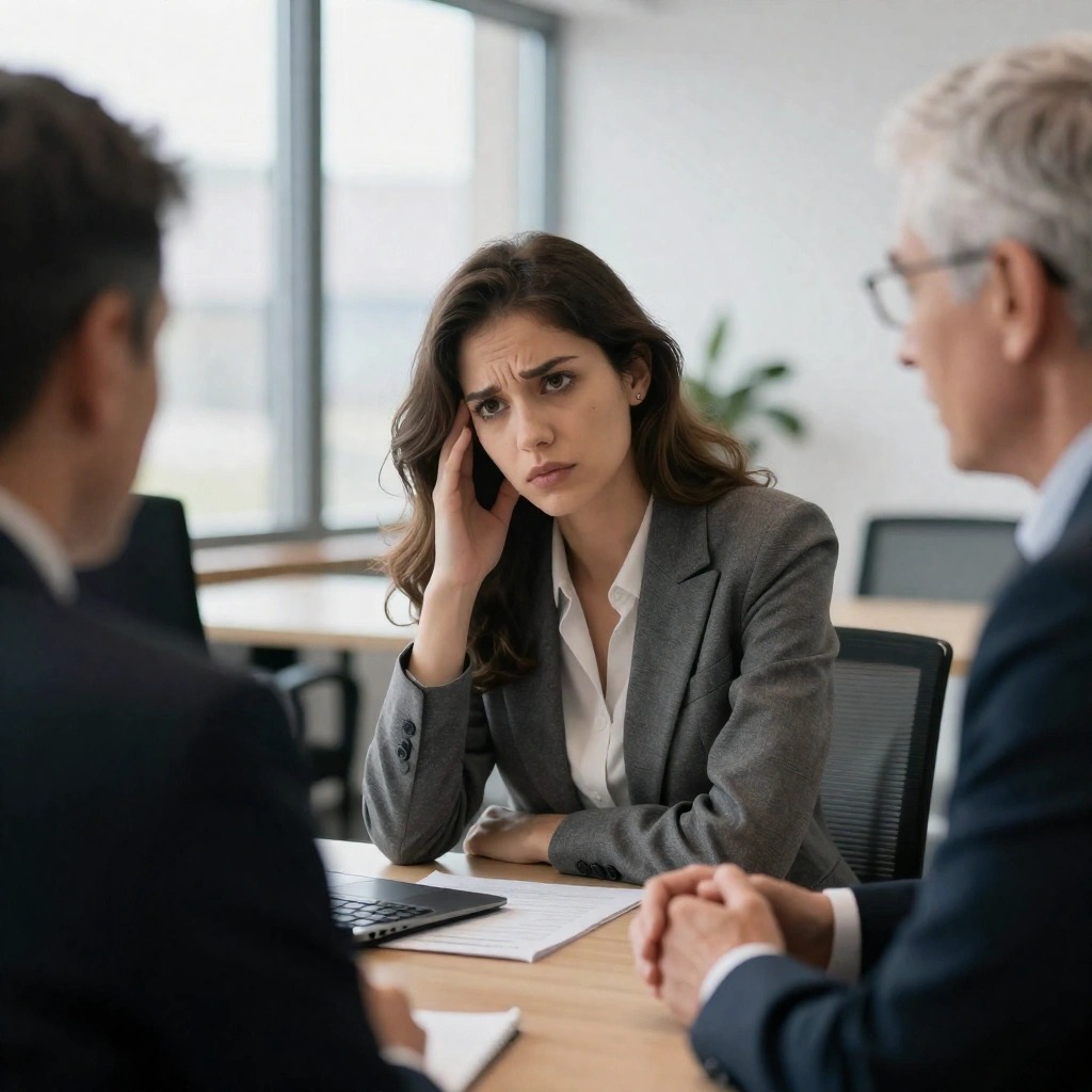 Giovane donna in blazer grigio durante una riunione di lavoro: il viso giovanile può minare l'autorevolezza professionale, uno dei motivi per cui si cercano consigli su come sembrare più grandi.
