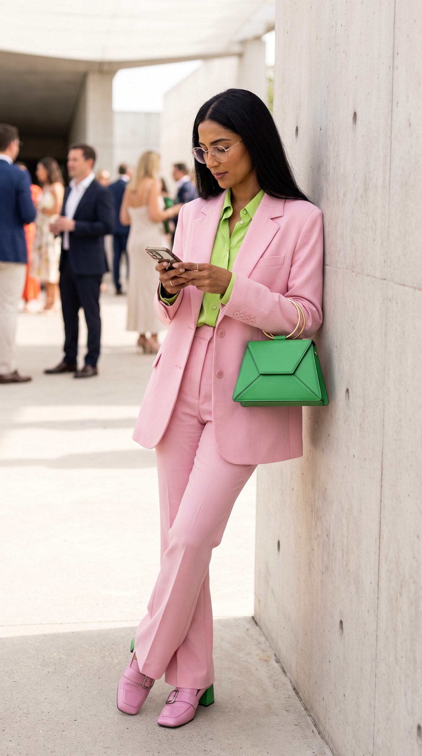 Tailleur pantalone rosa pastello abbinato a camicia verde lime e borsa a mano verde smeraldo.