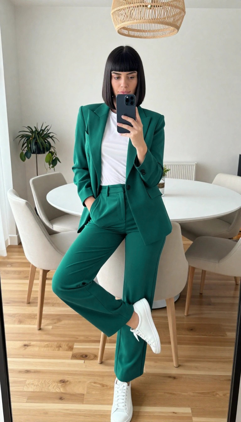 Tailleur verde smeraldo con t-shirt bianca e sneakers bianche, abbinamento ufficio casual per donna