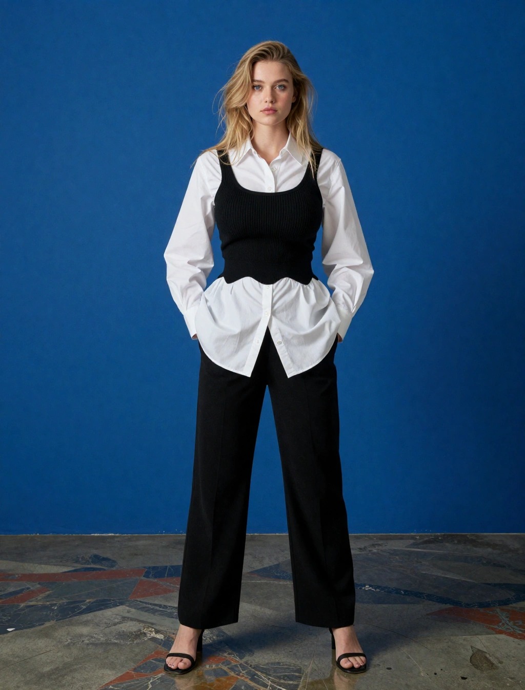 Outfit elegante donna con crop top nero sopra camicia bianca e pantaloni sartoriali, look moderno e sofisticato