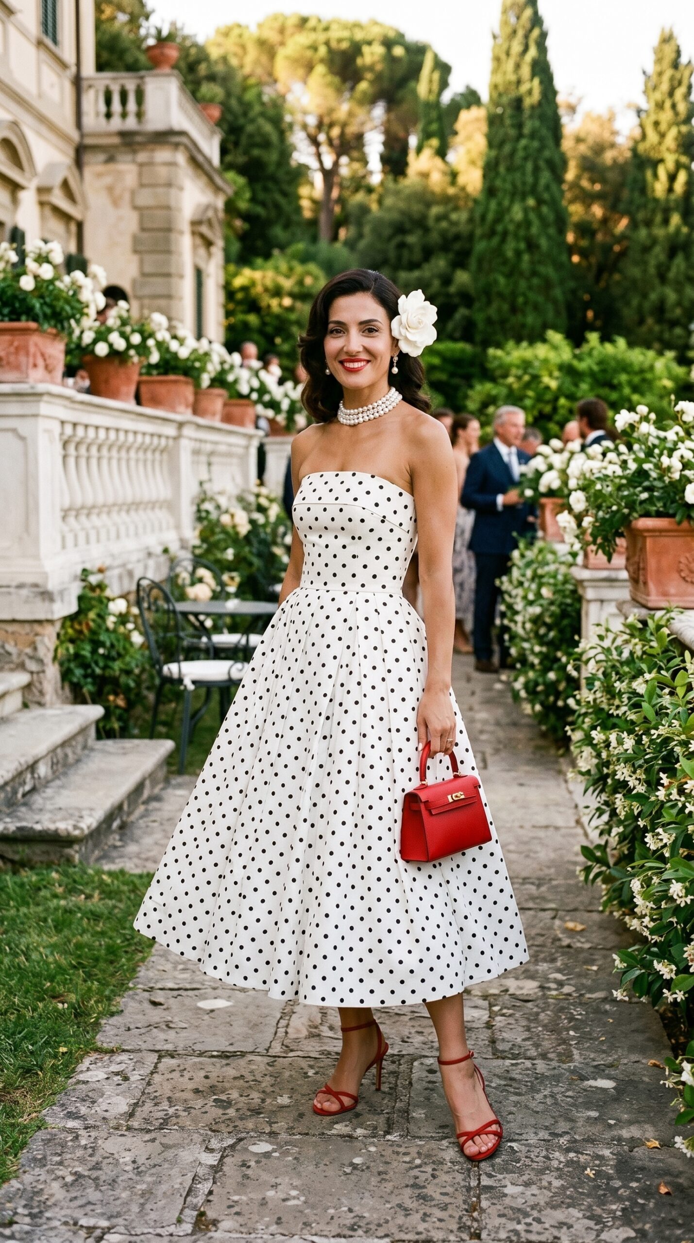 donna elegante con abito midi bianco a pois neri senza spalline stile anni 50 borsa rossa e collana di perle