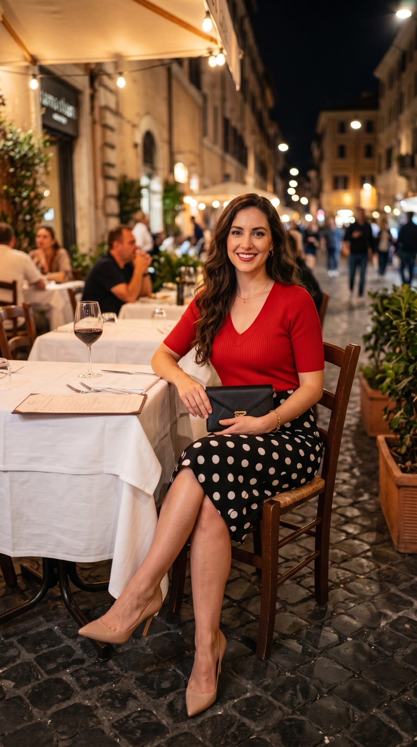 donna a cena fuori indossa maglietta rossa con scollo a V e gonna midi nera a pois bianchi con clutch nera e decollete nude